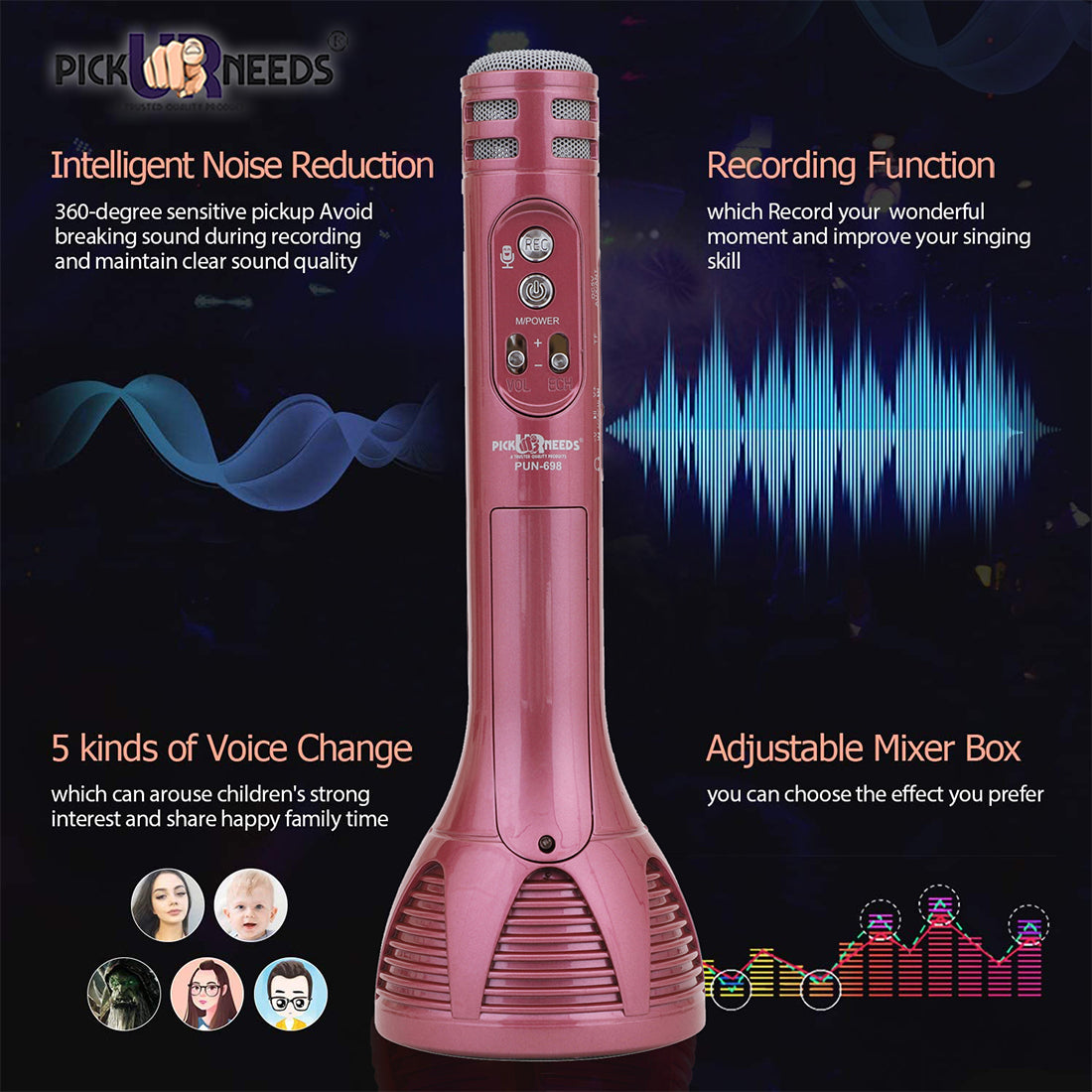 Pick Ur Needs Karaoke Mic with Led Light Wireless Bluetooth Microphone Connection Player Speaker 2-in1 with Recording + USB+FM
